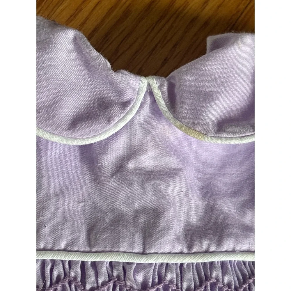 Vintage Lavender Smocked Bubble‎ Romper Peter Pan Collar Eyelet Lace Trim Purple